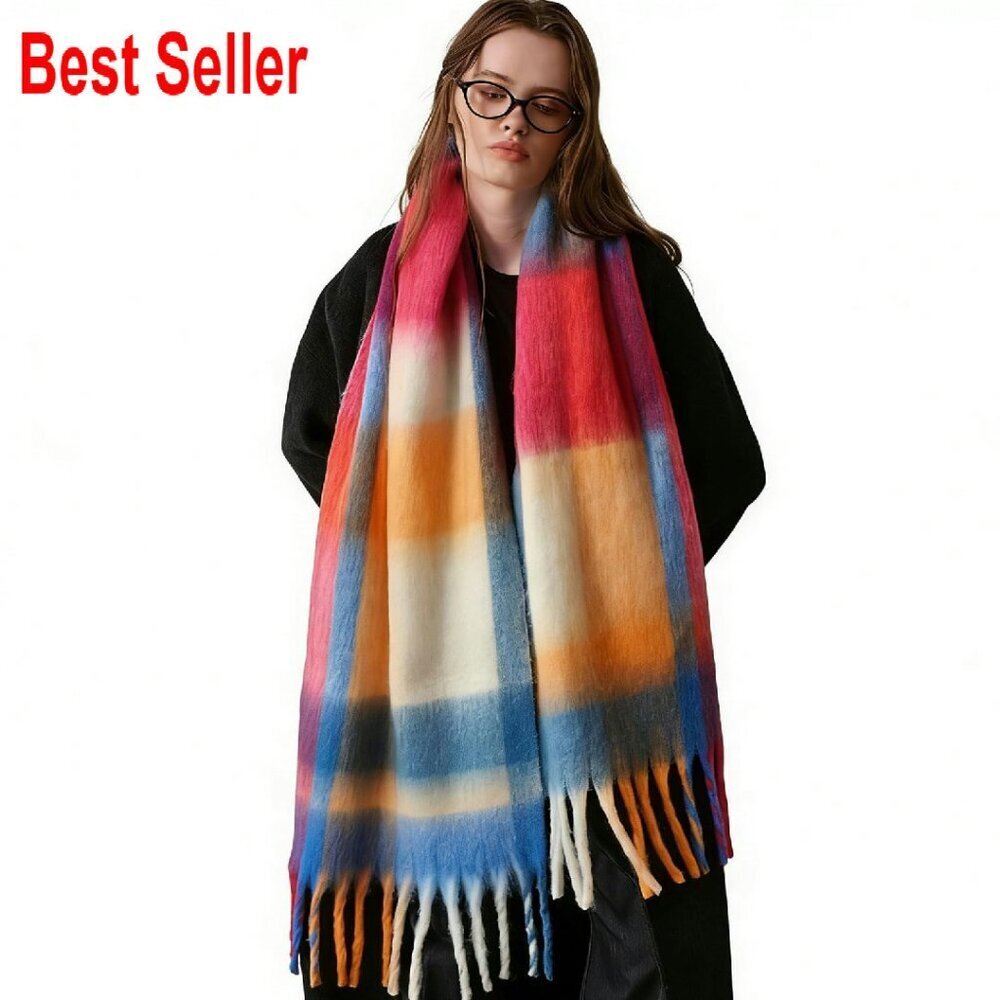 Oversized Chunky Blanket Scarf Warm Winter Polyester Plaid Vintage Style